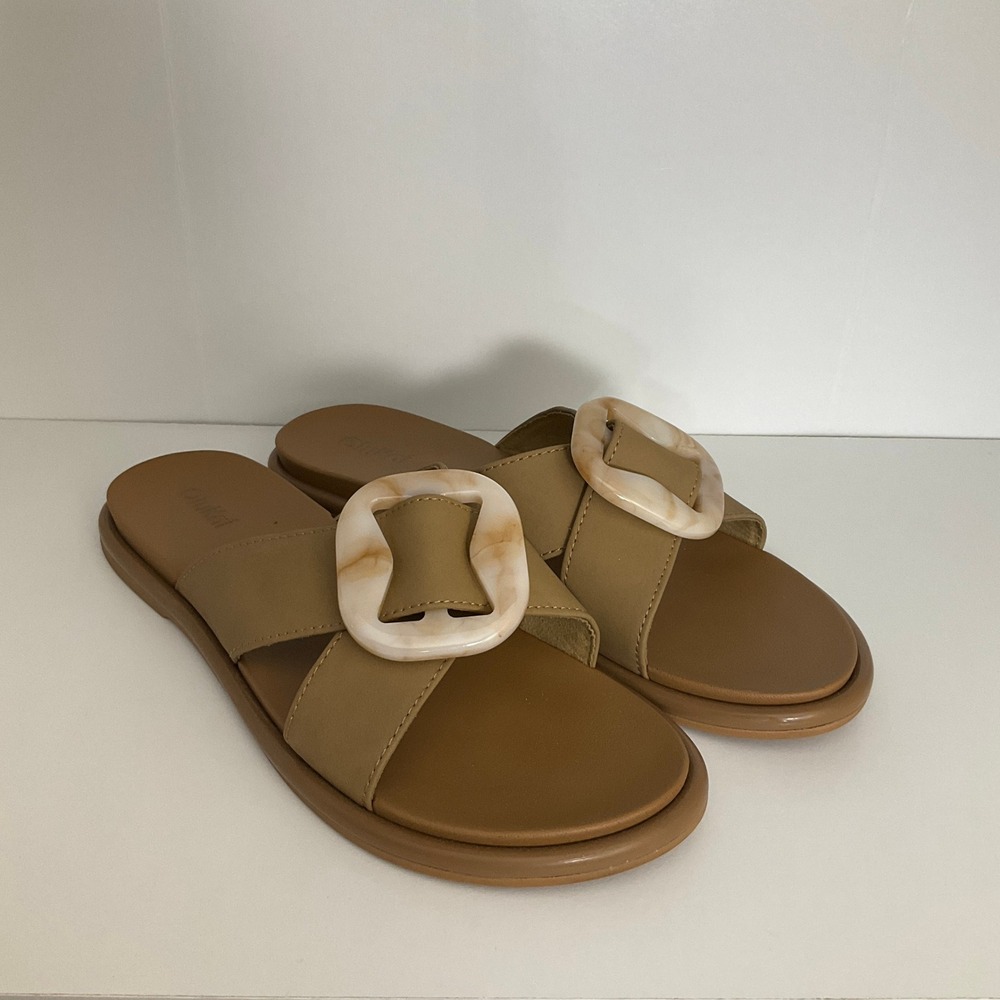 OluKai La'i Slide Women Sz 8 Tan Marbled Buckle Coastal Minimalist Sandal